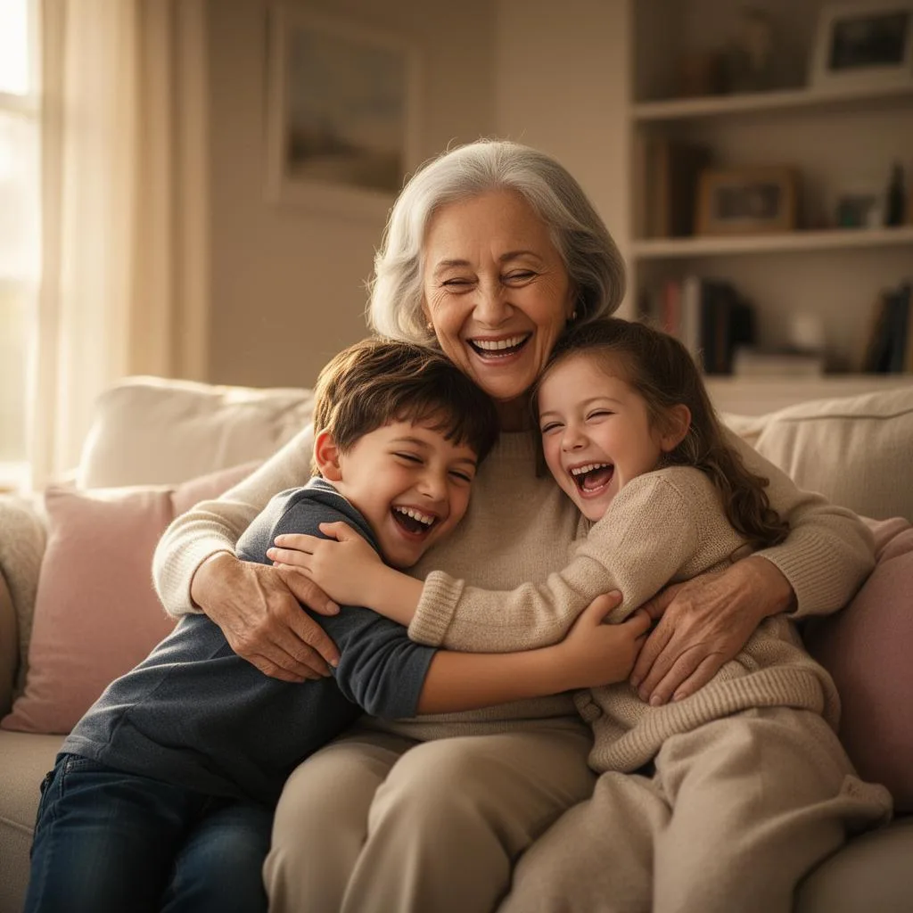 Abuela con su nieto y nieta riendo en el sillón