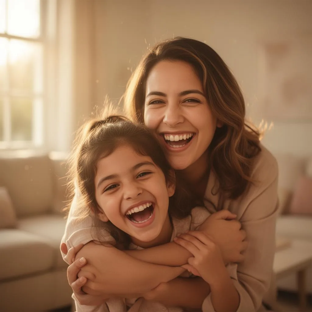 Mamá e hija riendo abrazadas con luz cálida
