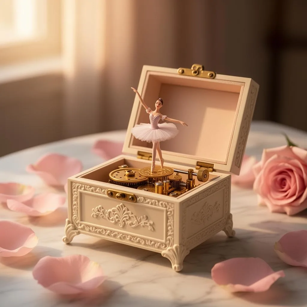 Caja musical vintage con bailarina y pétalos de rosa