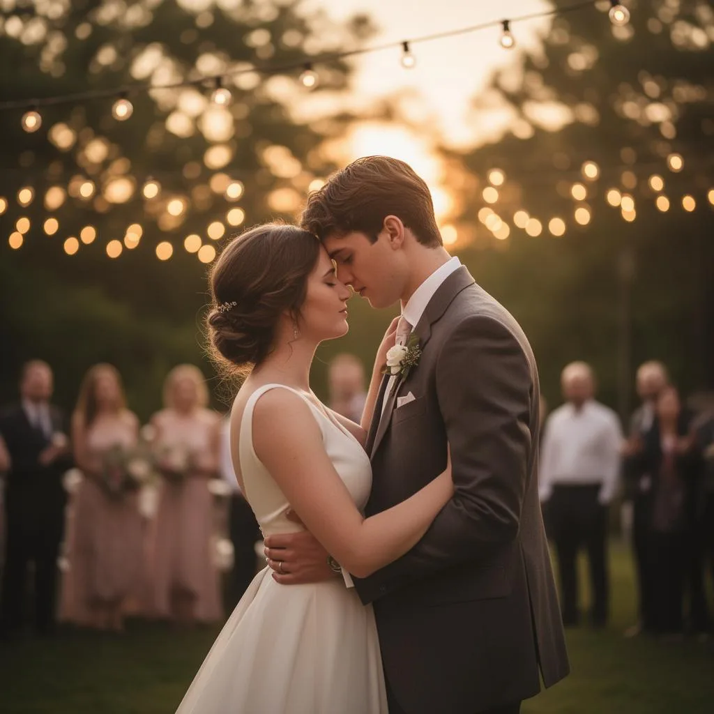 Novios bailando su primera canción al atardecer