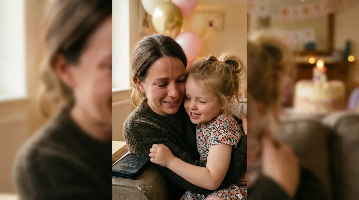 Mamá emocionada abrazando a su hija mientras escuchan juntas una canción personalizada